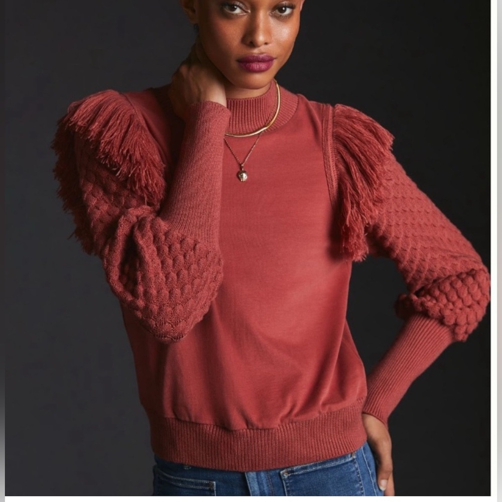 Anthropologie Dolan Terracotta Sweater with Fringe Textured Sleeves - M